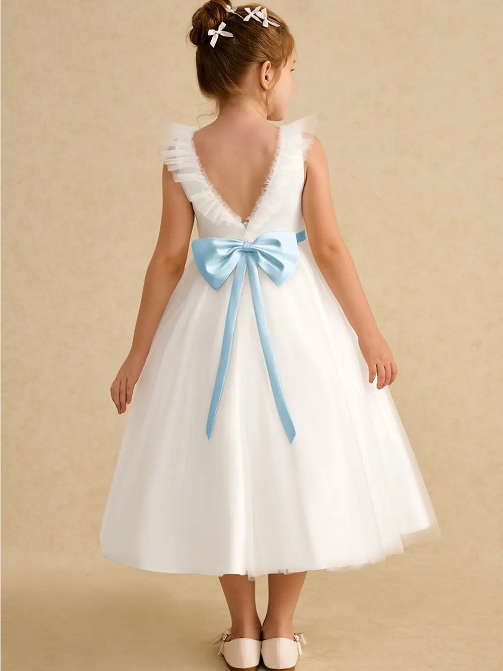 Azazie White Flower Girl Dress with Light Blue Sash